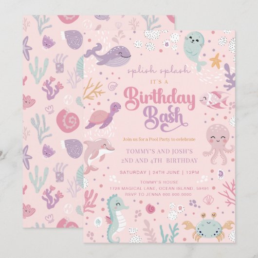 Ocean Animal Birthday Invitations. Joint Birthday  招待状 (正面/裏面)