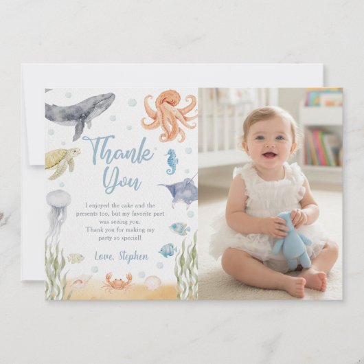 Ocean Animal Birthday Photo Thank You Card (正面)