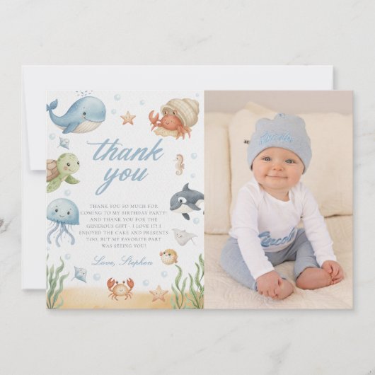 Ocean Animal Birthday Photo Thank You Cards (正面)