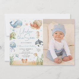 Ocean Animal Under The Sea 2nd Birthday Photo 招待状