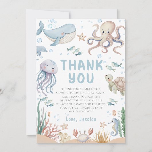 Ocean Animals Birthday Thank You Card (正面)