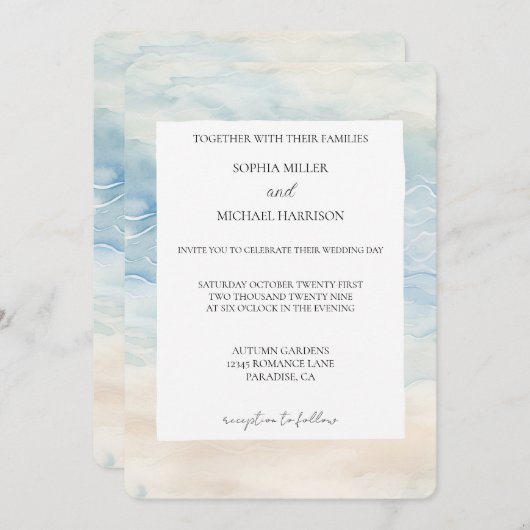 Ocean Beach Blue Cream Sand Wedding 招待状 (正面/裏面)