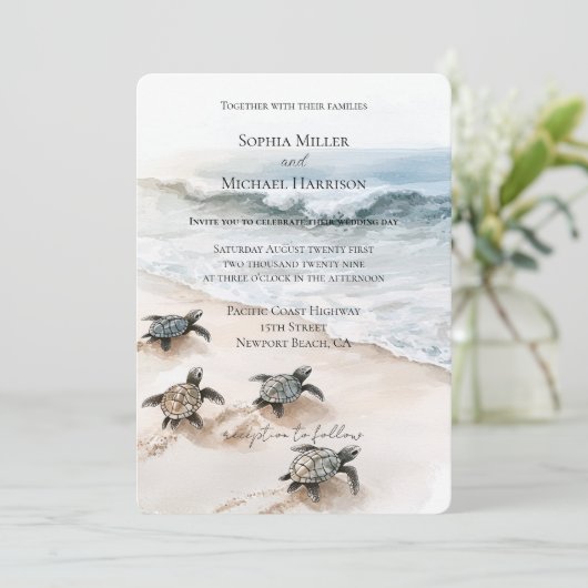 Ocean Beach Coast Sea Turtles Wedding 招待状 (スタンド正面)