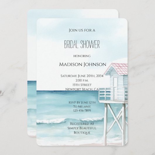 Ocean Beach Coastal Bridal Shower 招待状 (正面/裏面)