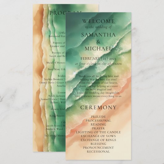 Ocean Beach Earthtone Watercolor Sun Wedding メニュー (正面/裏面)