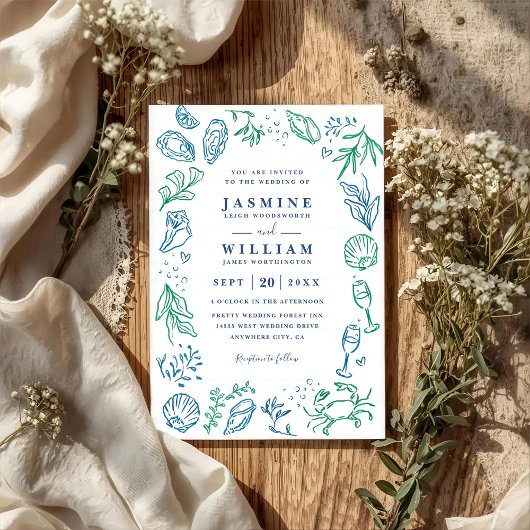 Ocean Beach Nautical Shell Elegant QR Code Wedding 招待状