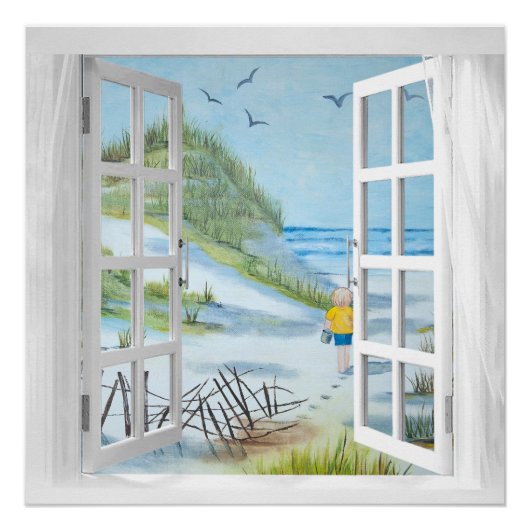 Ocean Beach Window Watercolor ポスター (正面)