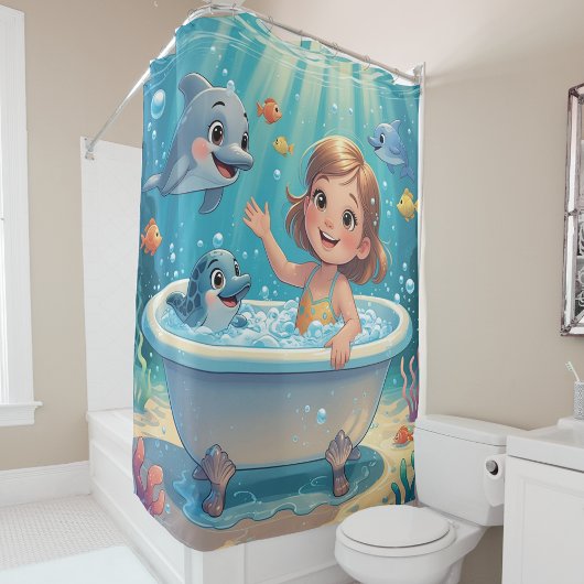 Ocean Bliss Bath Time girl cute dolphins シャワーカーテン