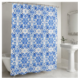 Ocean Bloom Blue Watercolor Floral Mosaic シャワーカーテン