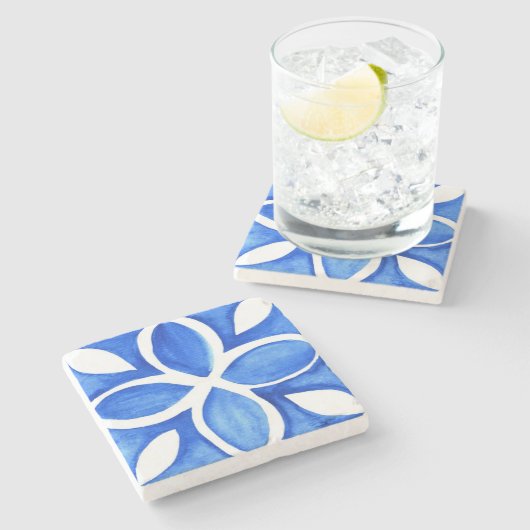 Ocean Bloom Portuguese Minimal Blue and White ストーンコースター (横)