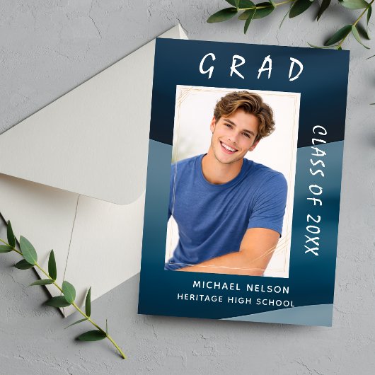 Ocean Blue Grad Photo Invitation Card 招待状
