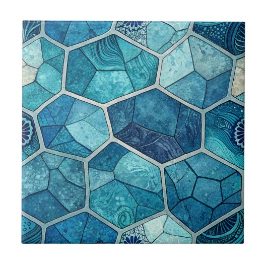 Ocean Blue Mosaic Pattern – Irregular Polygon タイル (正面)