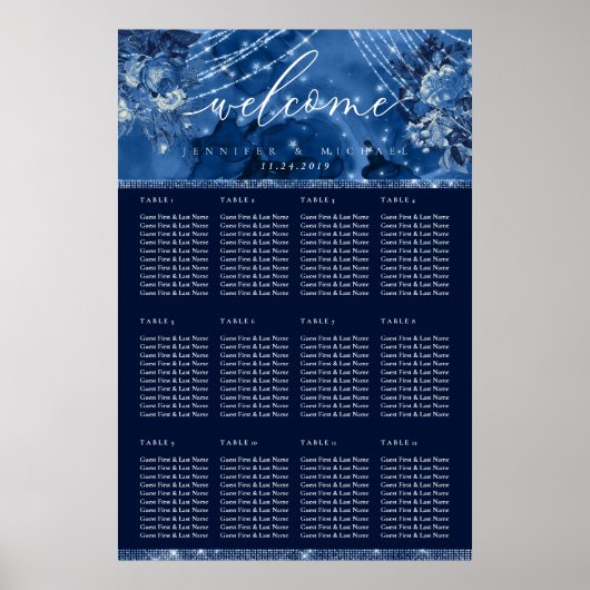 Ocean Blue Navy Floral Table Plan Seating ポスター (正面)