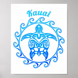 Ocean Blue Tribal Turtle Kauai ポスター
