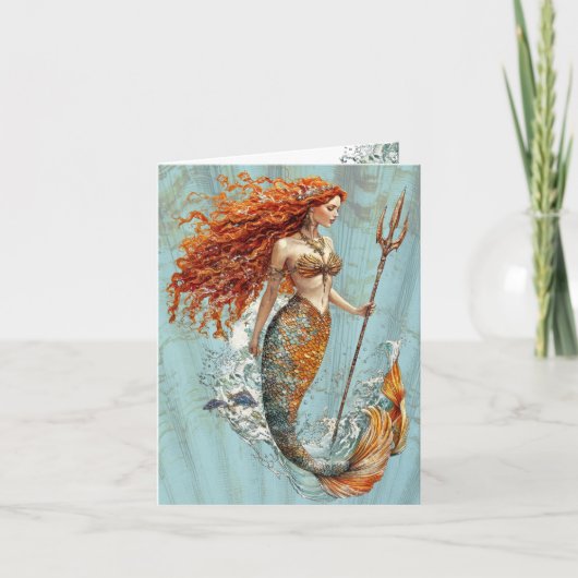 Ocean Blue Vintage Mermaid Folded Note Card ノートカード (正面)