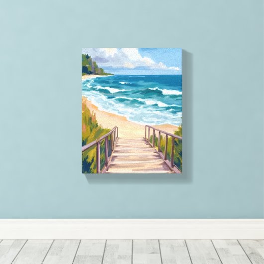 Ocean Boardwalk | Beach Waves Coastal キャンバスプリント (インサイチュ (ウッドフロア))
