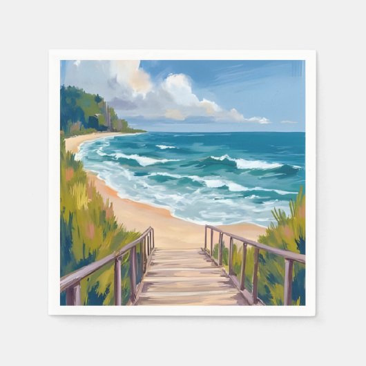 Ocean Boardwalk | Beach Waves Coastal スタンダードカクテルナプキン (正面)