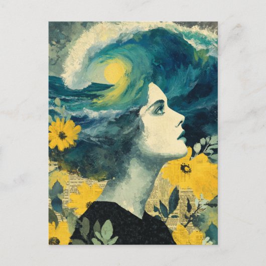 Ocean Brain Waves mixed media Collage ポストカード (正面)