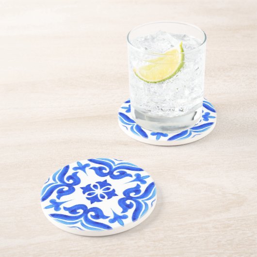 Ocean Breeze Ceramic Watercolor Blue Mosaic  コースター (側面)