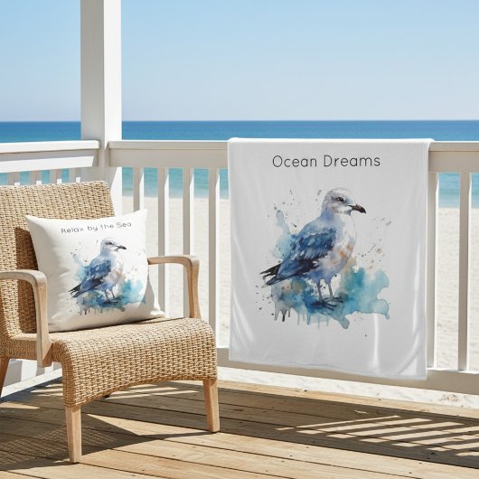 Ocean Breeze: Watercolor Seagull フリースブランケット