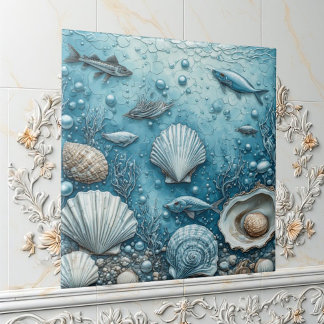 Ocean Bubble Aquatic Fish Seashell Underwater Art タイル