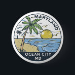 Ocean City Maryland Vintage 缶バッジ<br><div class="desc">Ocean City hand drawn illustration with palm trees and waves in the background. Perfect for anyone who loves to visit Ocean City.</div>