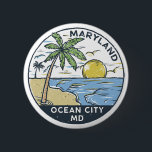 Ocean City Maryland Vintage 缶バッジ<br><div class="desc">Ocean City hand drawn illustration with palm trees and waves in the background. Perfect for anyone who loves to visit Ocean City.</div>