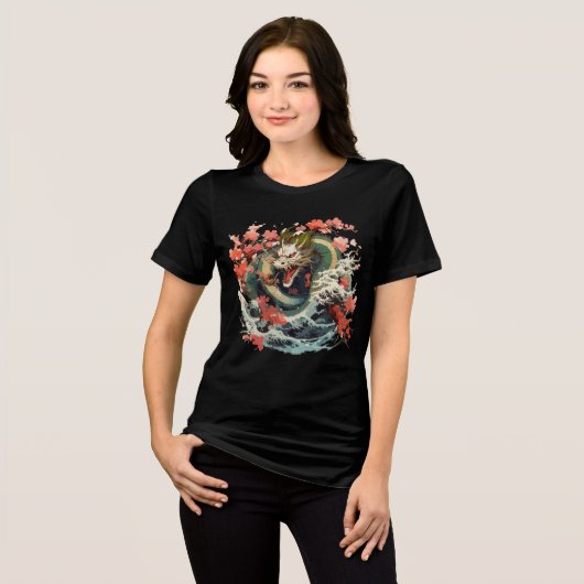 Ocean Dragon with Sakura and Waves トライブレンドTシャツ (正面全面)