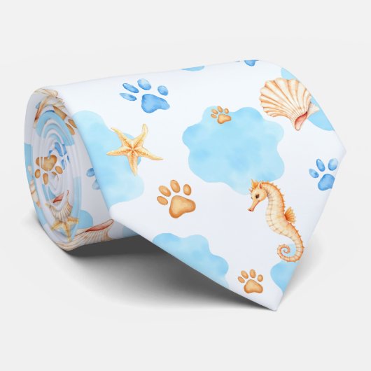 Ocean-Inspired Paw Print Pattern with Seahorses ネクタイ (ロール)
