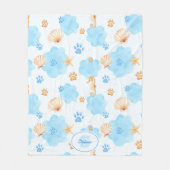 Ocean-Inspired Paw Print Pattern with Seahorses フリースブランケット (正面)