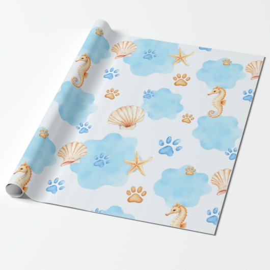 Ocean-Inspired Paw Print Pattern with Seahorses ラッピングペーパー (アンロールド)