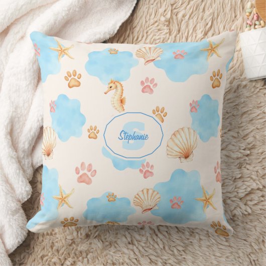 Ocean-Inspired Paw Print Pattern with Seahorses 2 クッション (ブランケット)