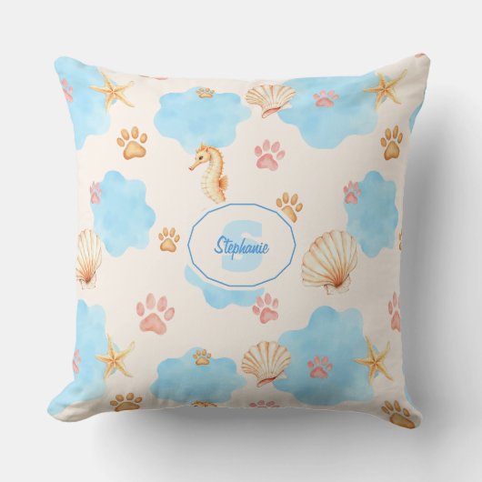 Ocean-Inspired Paw Print Pattern with Seahorses 2 クッション (正面)