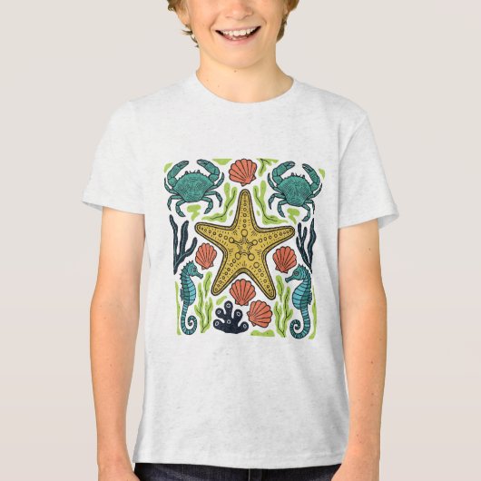 Ocean Life Symphony – Starfish, Seahorses & Crabs トライブレンドＴシャツ (正面)