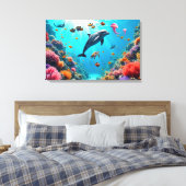 Ocean Life with Dolphin and Coral Reef キャンバスプリント (インサイチュ (寝室))