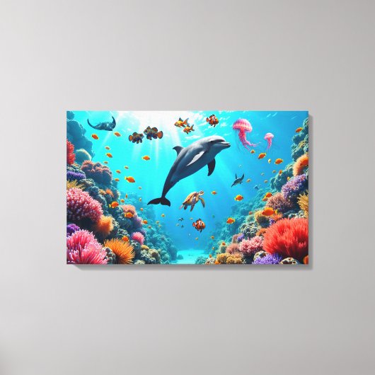 Ocean Life with Dolphin and Coral Reef キャンバスプリント (正面)