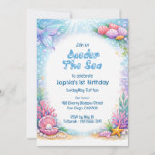 Ocean Mermaid Girls Oneder the Sea 1st Birthday  招待状 (正面)
