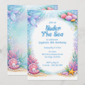 Ocean Mermaid Girls Oneder the Sea 8th Birthday  招待状 (正面/裏面)