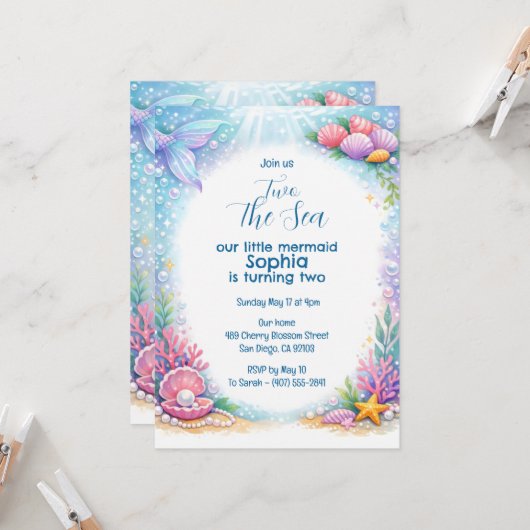 Ocean Mermaid Girls Under the Sea 2nd Birthday  招待状 (正面/裏面インサイチュ)