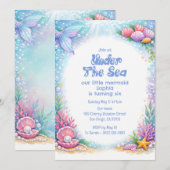 Ocean Mermaid Girls Under the Sea 6th Birthday 招待状 (正面/裏面)