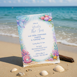 Ocean Mermaid Girls Under the Sea Fifth Birthday  招待状