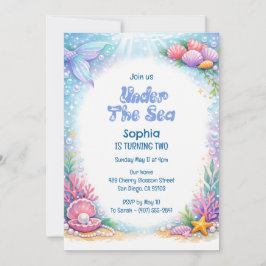 Ocean Mermaid Girls Under the Sea Second Birthday 招待状