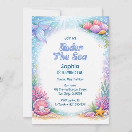 Ocean Mermaid Girls Under the Sea Second Birthday 招待状 (正面)