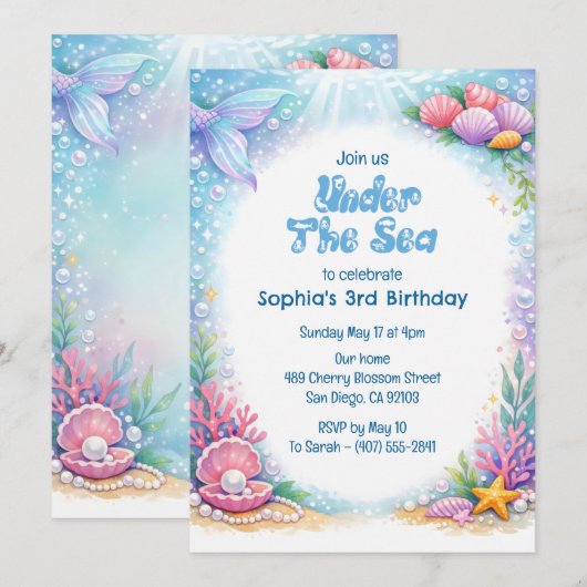 Ocean Mermaid Girls Under the Sea Third Birthday  招待状 (正面/裏面)