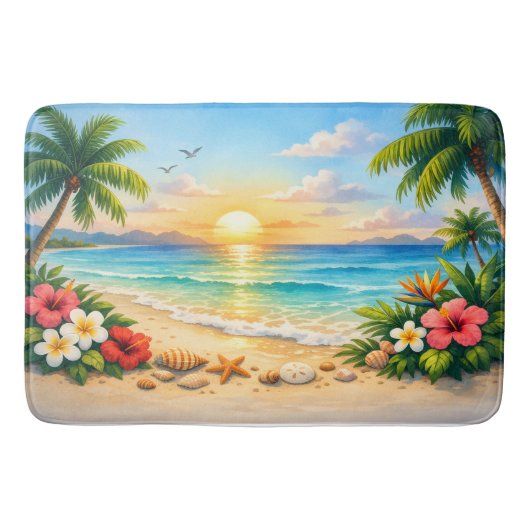 Ocean Palm Tree Floral Bath Rug バスマット (正面)