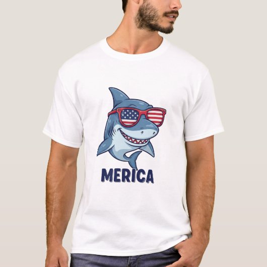 Ocean Patriot 'Merica Shark Fun Nautical Flag Art Tシャツ (正面)