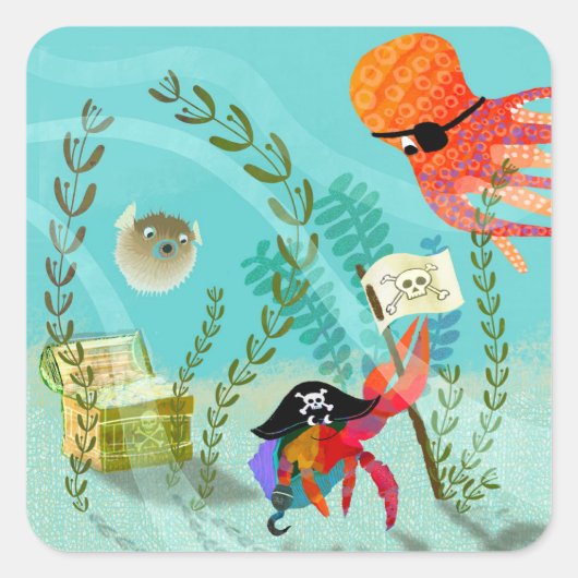 Ocean Pirate Crab and Octopus Sticker スクエアシール (正面)