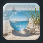 Ocean Reflection in a Lens Ball ペーパープレート<br><div class="desc">A sailboat on a sunlit ocean,  its reflection captured in a glass lens ball on beach sand next to a starfish</div>