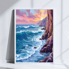 Ocean’s Breath | Rocky Sea Sunset Coast Watercolor ポスター