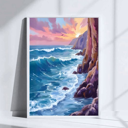 Ocean’s Breath | Rocky Sea Sunset Coast Watercolor ポスター